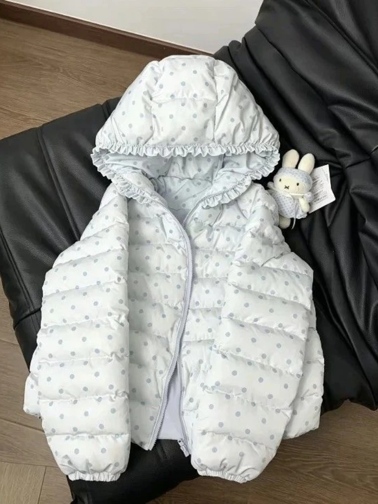 Sweet Kawaii Women Polka Dot Cotton Padded Coat Ruffle Hood Zip Up Short Lightweight Winter Outwear