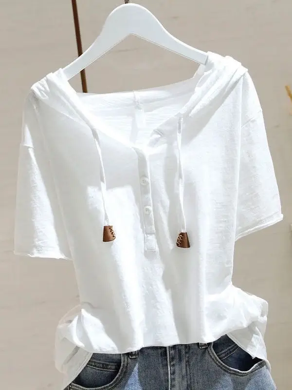 Cseta de aodón de manga corta con capucha de estilo europeo a la moda, Top de talla ande para mujer, versión coreana I...