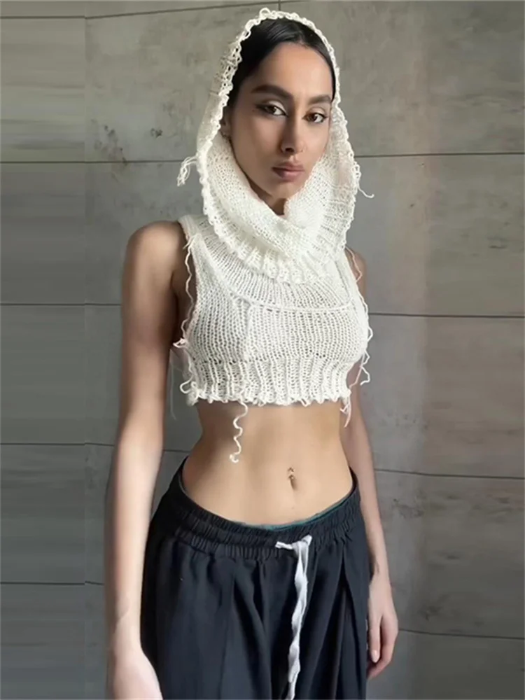 

Whatiwear Crochet Hooded Tank Top Women 2025 Y2K Trend Sleeveless Ribbon Sexy Navel Camisole Hot Girl Street Fashion Wild Vest