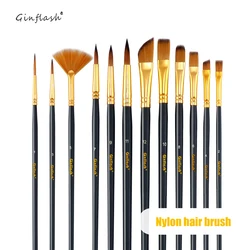 Ginflash 12pcs different shape nylon hair paint brush gouache watercolor brush oil painting acrylics brush art supplies