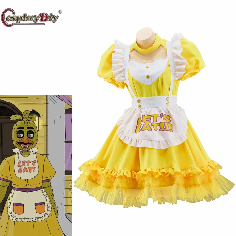 

Game FNAF Chica Cosplay Costume Woman's Yellow Lolita Dress Let's Eat Halloween Maid Waitress Outfit