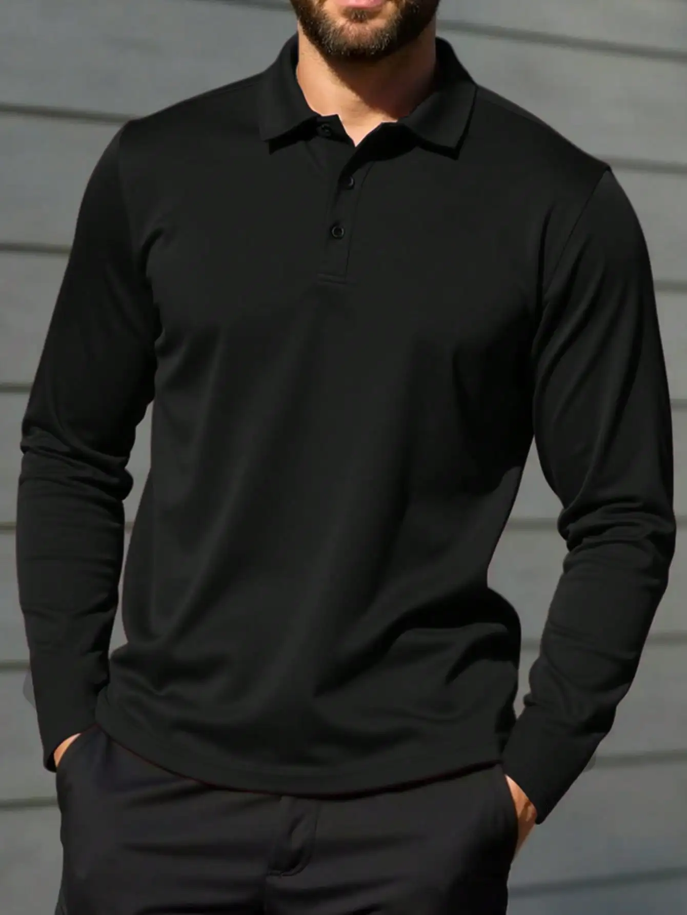 

Men's Solid Black Long Sleeve Polo Shirt with Button Placket, Casual Fit for Fall