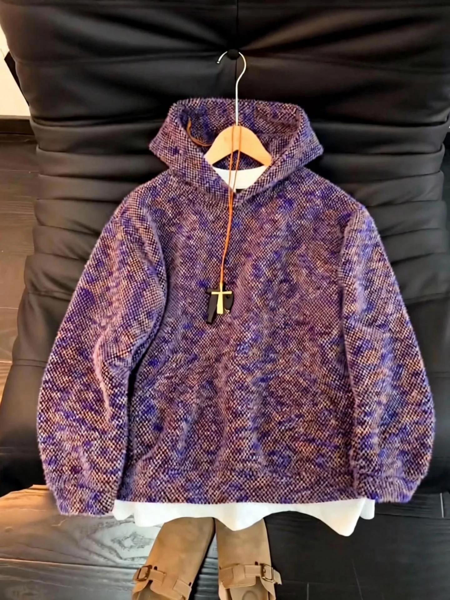 

Американский пушистый вязаный худи для мужчин, осенне-зимний, фиолетовый, свободный крой, для пар, комфортный, теплый, повседневный.