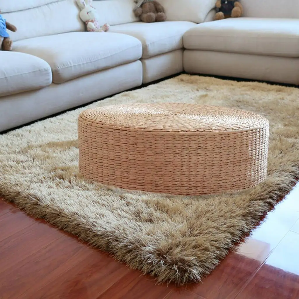 Natural Woven Round Floor Cushion Handmade Rattan Pouf Ottoman Meditation Floor Pillow for Living Room Breathable Portable Seat