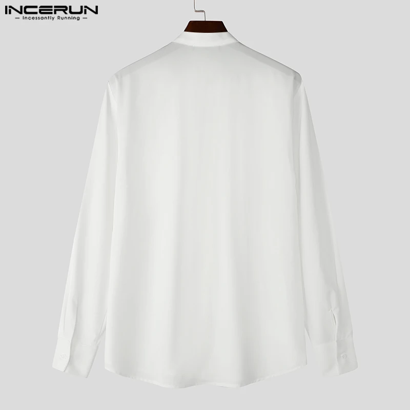 2024 INCERUN Korean Style Fashion Shirt Men Long Sleeve Solid Tops Solid Stand Collar Simple Loose Camiseta Vintage Elegant Tops