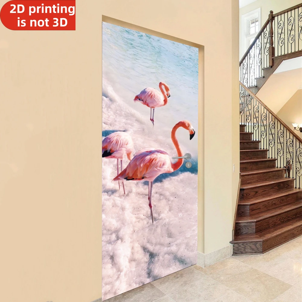 Self-adhesive Door Stickers Pink Flamingos On Beach Vinyl Fridge Cover Decal Peel and Stick Wallpaper for Home Decor