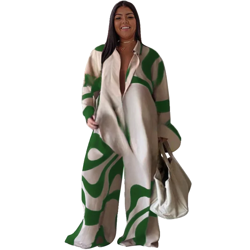Large Size Faionable Printed Long Sve irt And Trousers Set for Women Summer 2024 Universal Fit Other Material 00%
