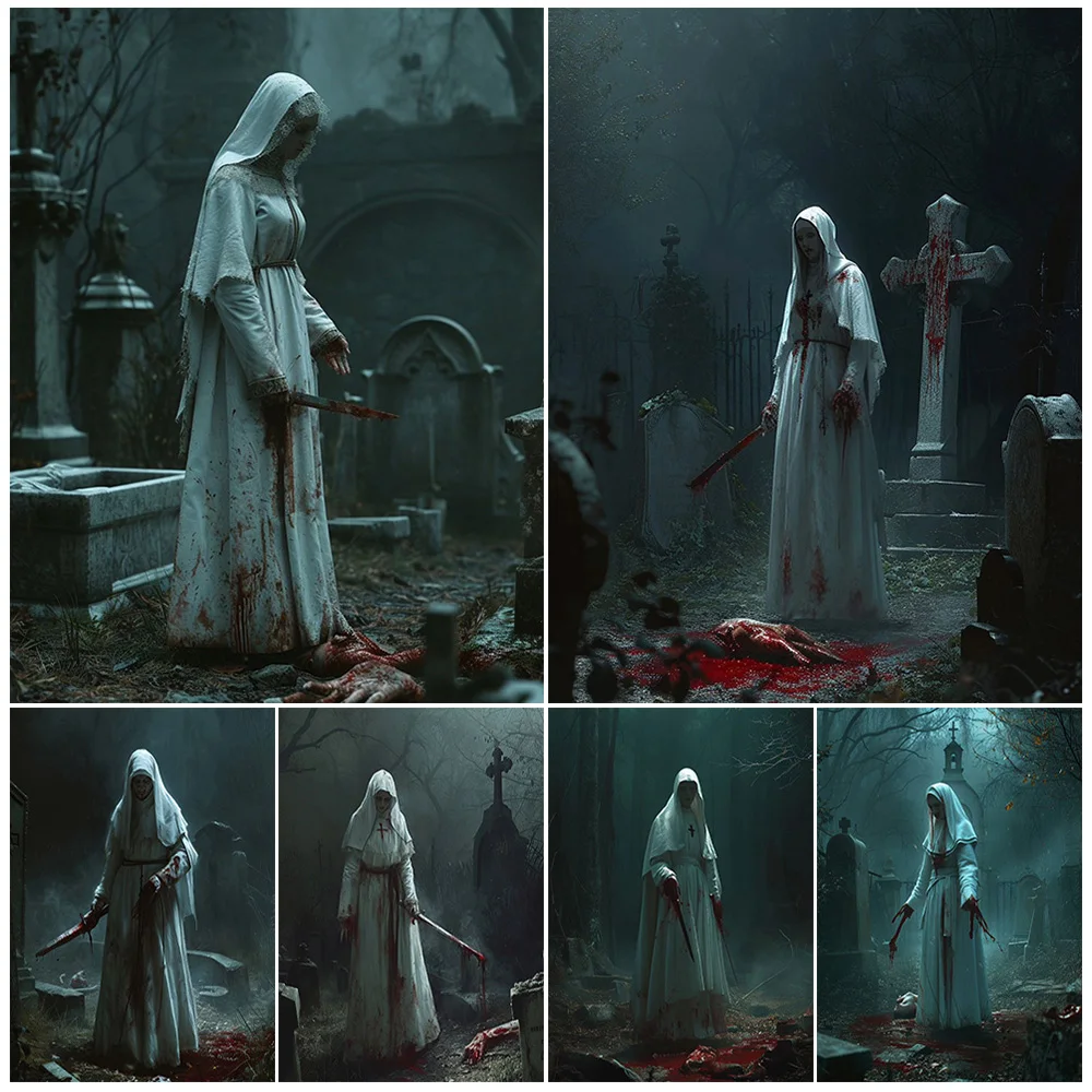 The Murderous Nun In The Cemetery,Vintage Wall Art Canvas Painting Horror Ai Artwork Poster And Print Home Decoration Unframed