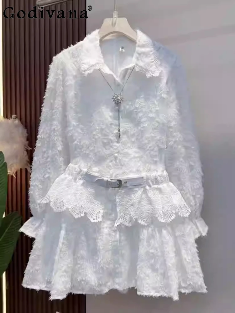 

Plus Size Women's New Elegant Mid-length Turn-down Collar Shirt Top Fashion Versatile High Waist A-line Solid Color Chic Dress