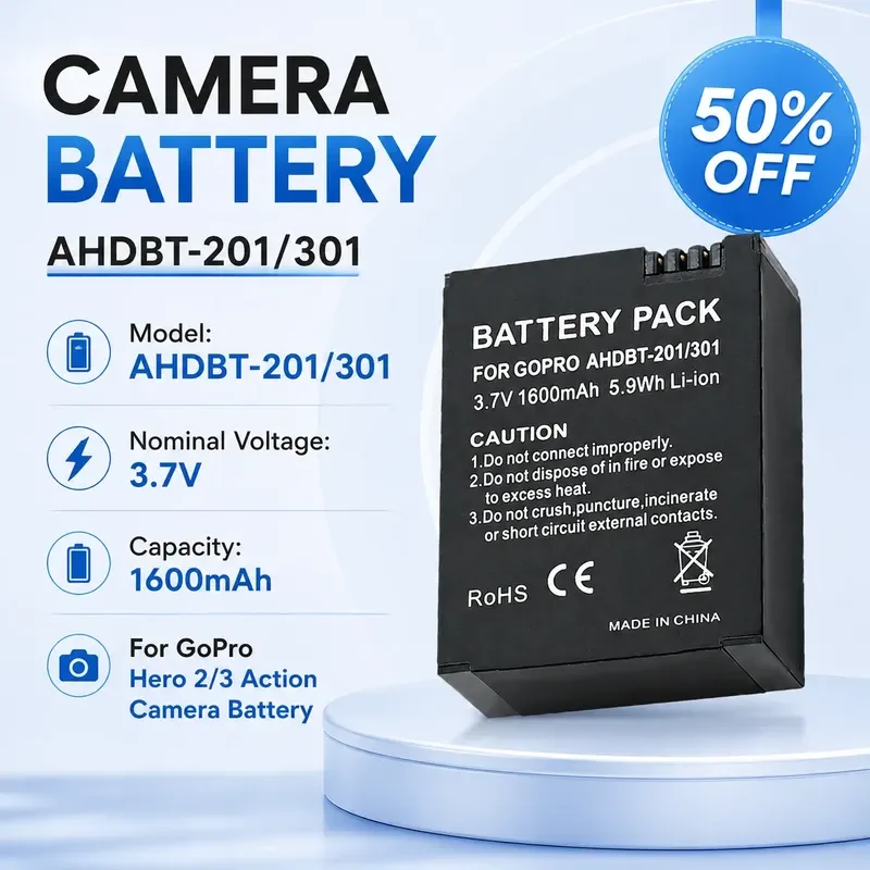 

For GoPro Hero 2/3 AHDBT-201/301 3.7V 1600mAh Rechargeable Li-ion Replacement Action Camera Battery Pack High Capacity