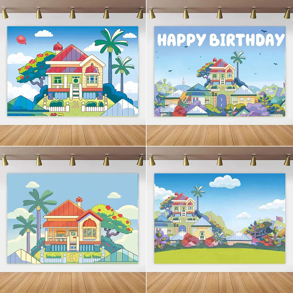 

Blue Dog House Birthday Party Cartoon Custom Decor Backdrop Wild Animals Blue Sky White Cloud Boy Girl Child Banne Baby Shower