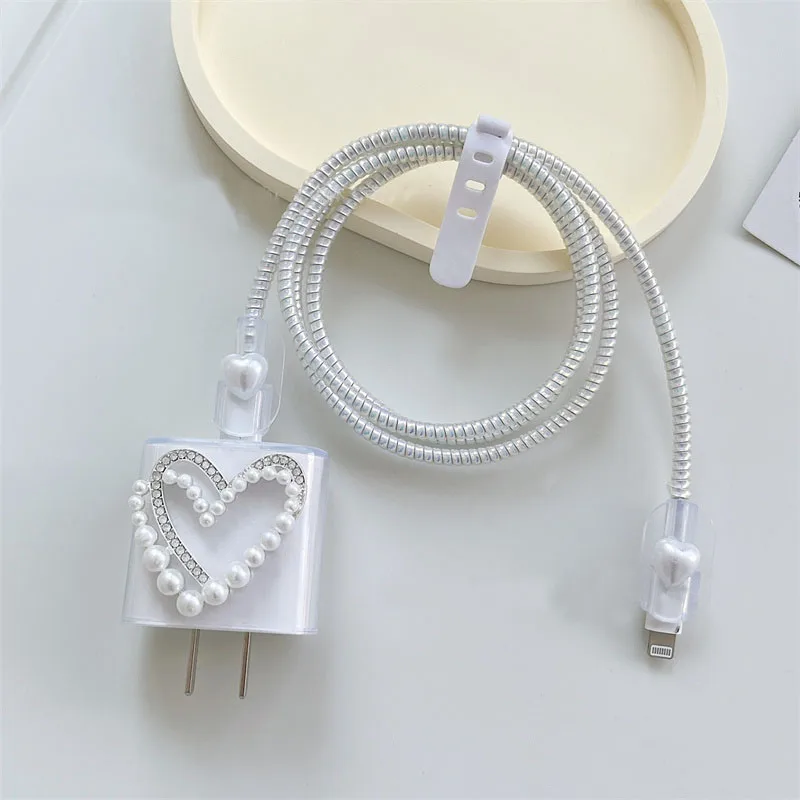 3D Pearl Diamond Love Heart Charger Cover For IPhone 11 12 13 14 18/20W Bow Transparent Charge Protection Cover Charger Sleeve