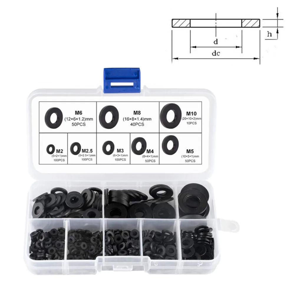 Flat Spacer Washer Seal, Juntas de mangueira, Metric Bolt, Flat Ring Spacer, Seal Kit, Nylon, M2-M10, 500Pcs por caixa