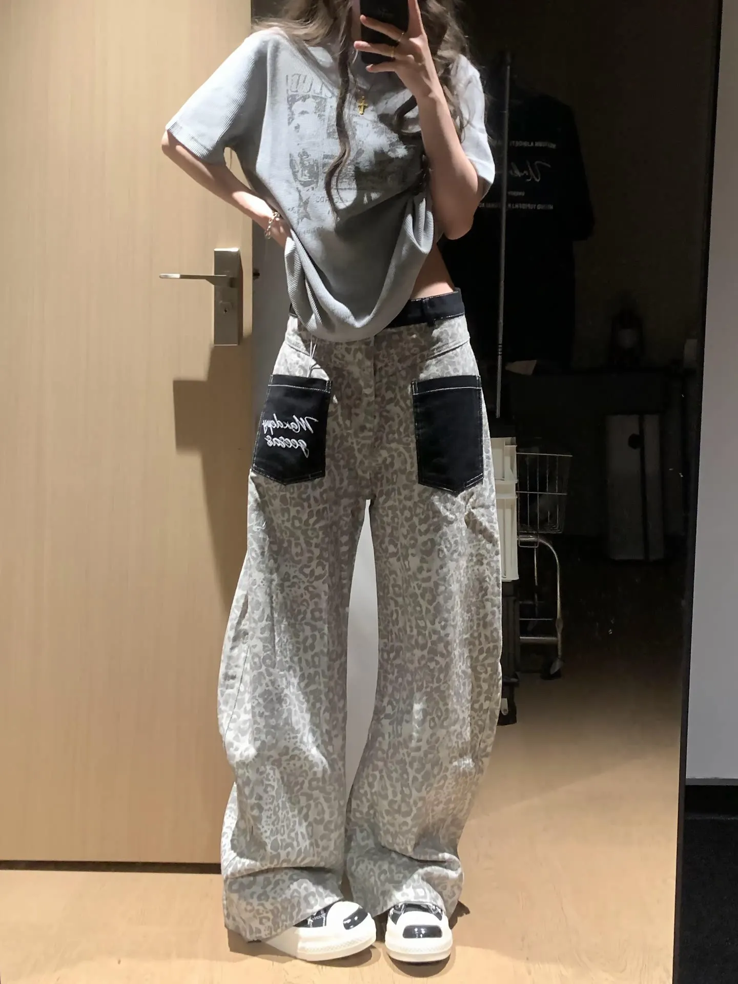 

American Retro Leopard Print Color Block Wide Leg Pants Loose Men's Women's Casual Jeans High Waist Zipper Pocket Soft Comfor...