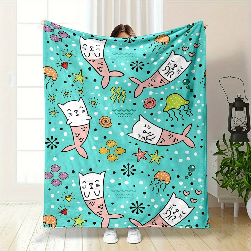 1pc Ocean Style Blanket Starfish Fish Shell Creature Cat And Mermaid Print Lunch Break Office Small Throw Blanket Home Blanket