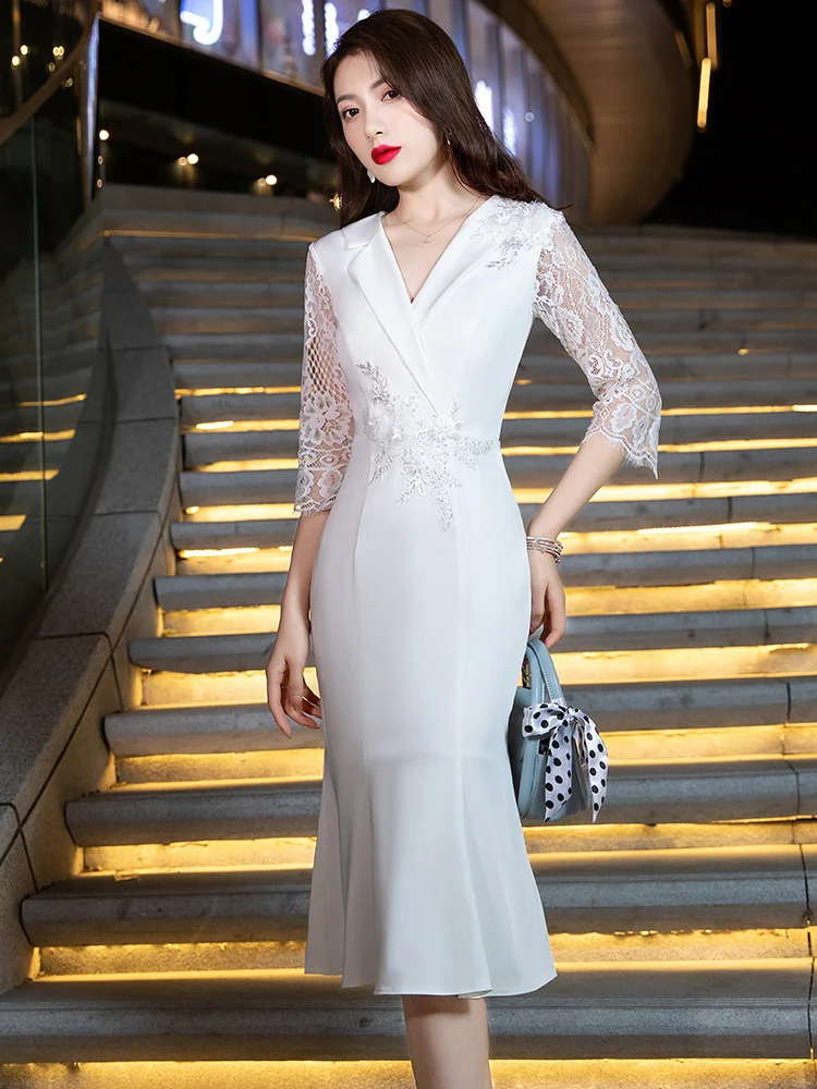 Evening Dress Women 2023 New Spring Mid Length Suit Collar Slim Fit Evening Party White Usual Banquet Dress