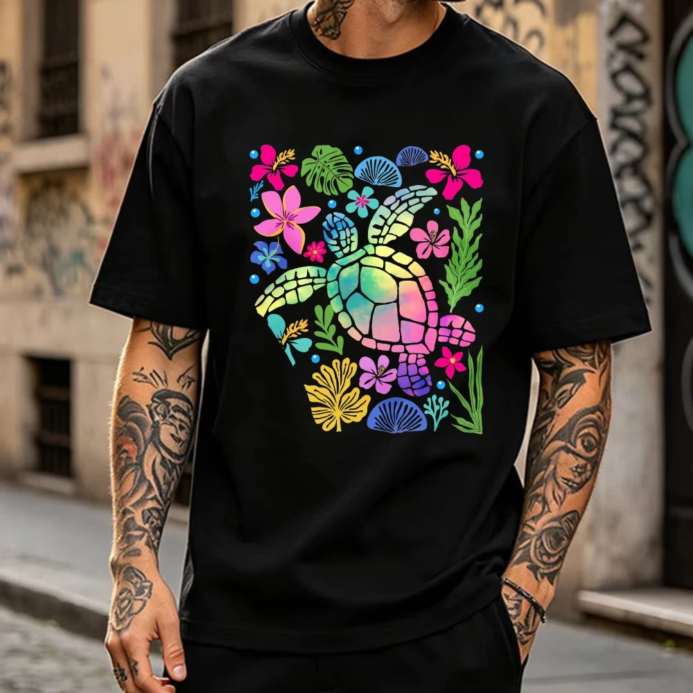 Vibrant Rainbow Sea Turtle Tropical Plumeria Hibiscus Palm Leaves Print Cotton T-Shirt Graphic Tee Ocean Beach Casual Daily Tops