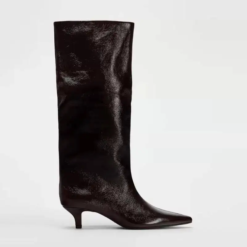 Botas hasta la rodilla de lujo para mujer, Botas Largas con tacón de gatito y punta estrecha, color rojo vino, botas de tubo ancho, zapatos elegantes para mujer