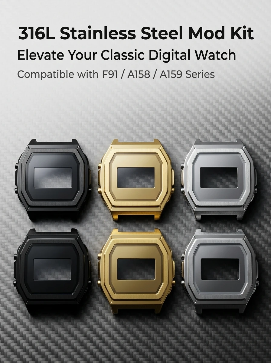 für CASIO F-91/A158/A159 Ultra Mod 316LSS Uhrengehäuse mit Zifferblatt, K1 Mineralpoliertes Zifferblatt, Mattes Gehäuse-Set