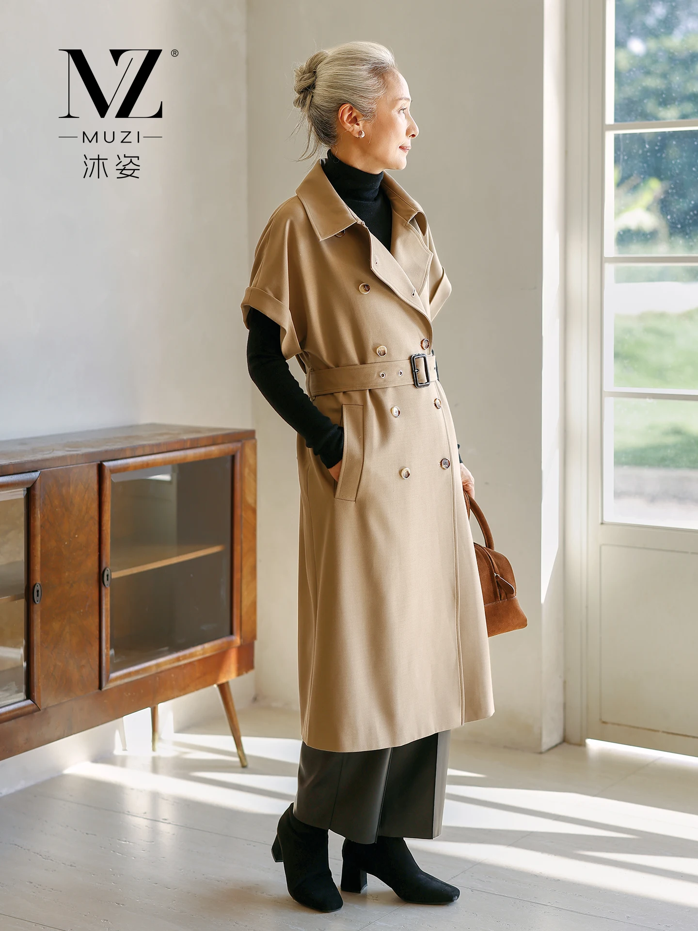 

Muzhi Mid-Length Spring Fashion Coat for Middle-Aged Women Elegant Outerwear Coat with Belt Standard Fit Lightweight Casual