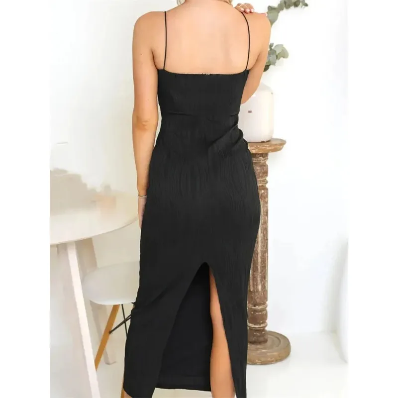 Sexy Women Long Bodycon Dress Ruched Sleeveless Slim Solid Summer Party Back Split Dress Clubwear Female Sheath Dress