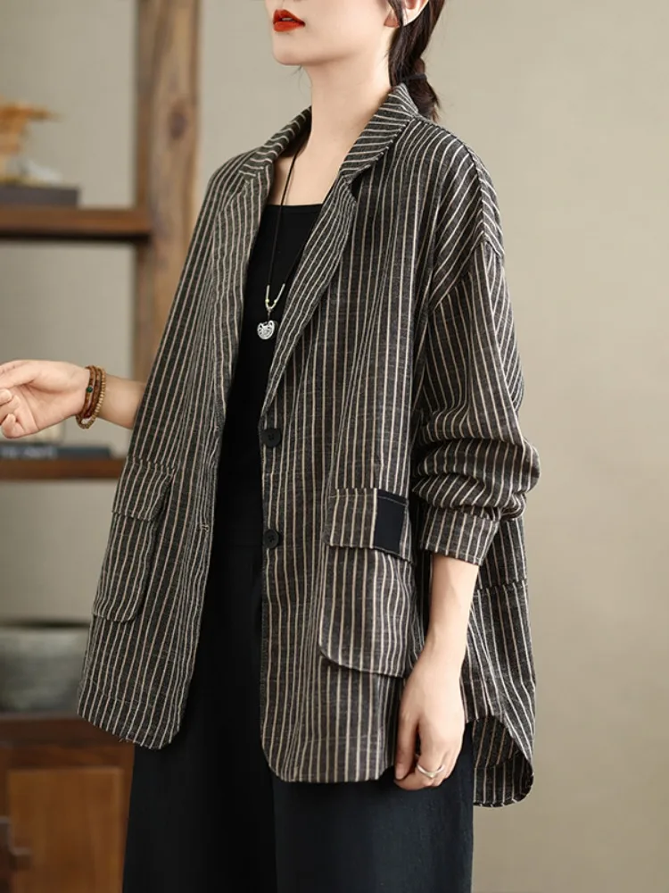 plus Size Striped Cotton Linen Suit Jacket Women's Spring Autumn Loose Slimming Long Sleeve Open Cardigan Top for plus Size