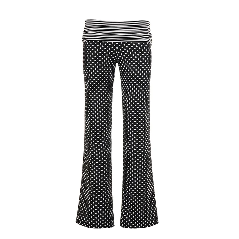 summer new fashion polka dot striped spliced waist pleated pants spicy girl style casual straight leg pants