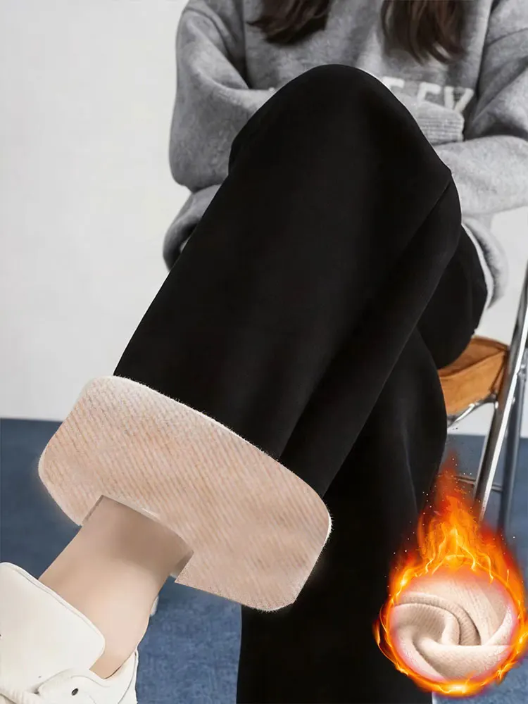 Fleece Lined Warm Straight Leg Pants Winter Women's Thickened Loose Wide Leg Pants French Terry Lined Warm Casual Long Trousers