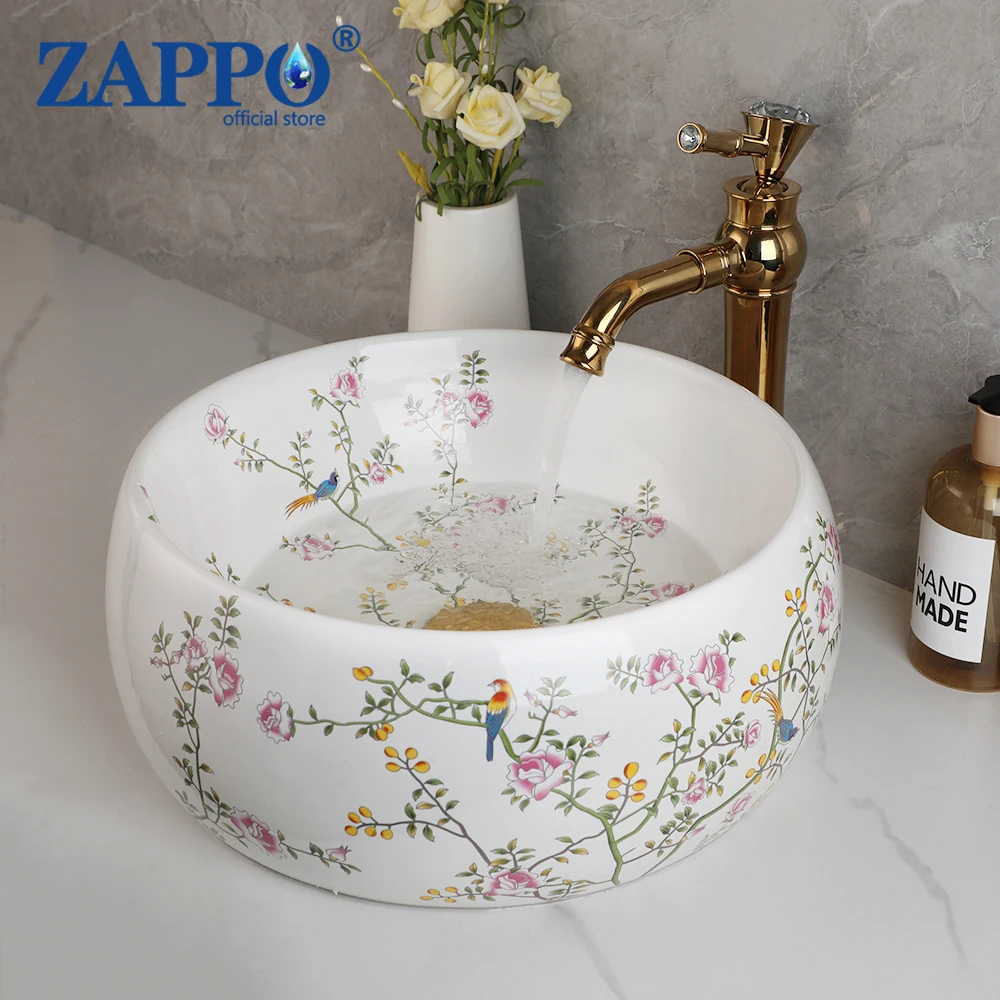 

ZAPPO Ceramic Bathroom Vessel Sink Faucet Combo Round Washbasin Sinks for Bathroom Basin Sink Faucets Flower and Bird Pattern