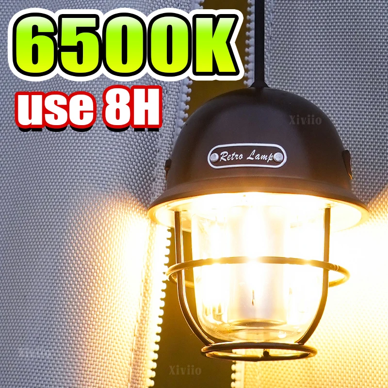 

6500K светодиодный светильник для кемпинга, подвесной светильник в стиле ретро, ​​портативный светильник для кемпинга с бесступенчатым затемнением, водонепроницаемый перезаряжаемый уличный фонарь