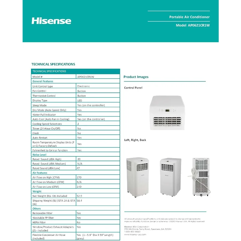 مكيف هواء محمول هايسنس، 6000 وحدة حرارية بريطانية، مروحة مزيل الرطوبة للتبريد لغرفة أصغر تصل إلى 250 قدم مربع، جهاز تحكم عن بعد (متجدد)