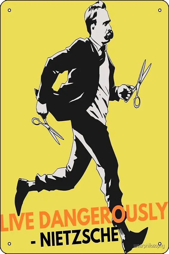 Live Dangerously - Nietzsche Poster Metal Sign Decor - 8 x 12inch Bar Pub Garage Man Cave Wall Art