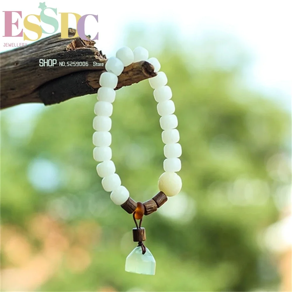 Authentic Hainan 7*9mm Natural White Bodhi Root One Circle Beads Bracelet Xiuyu Lotus Charm Fashion Women Summer Mala Jewelry