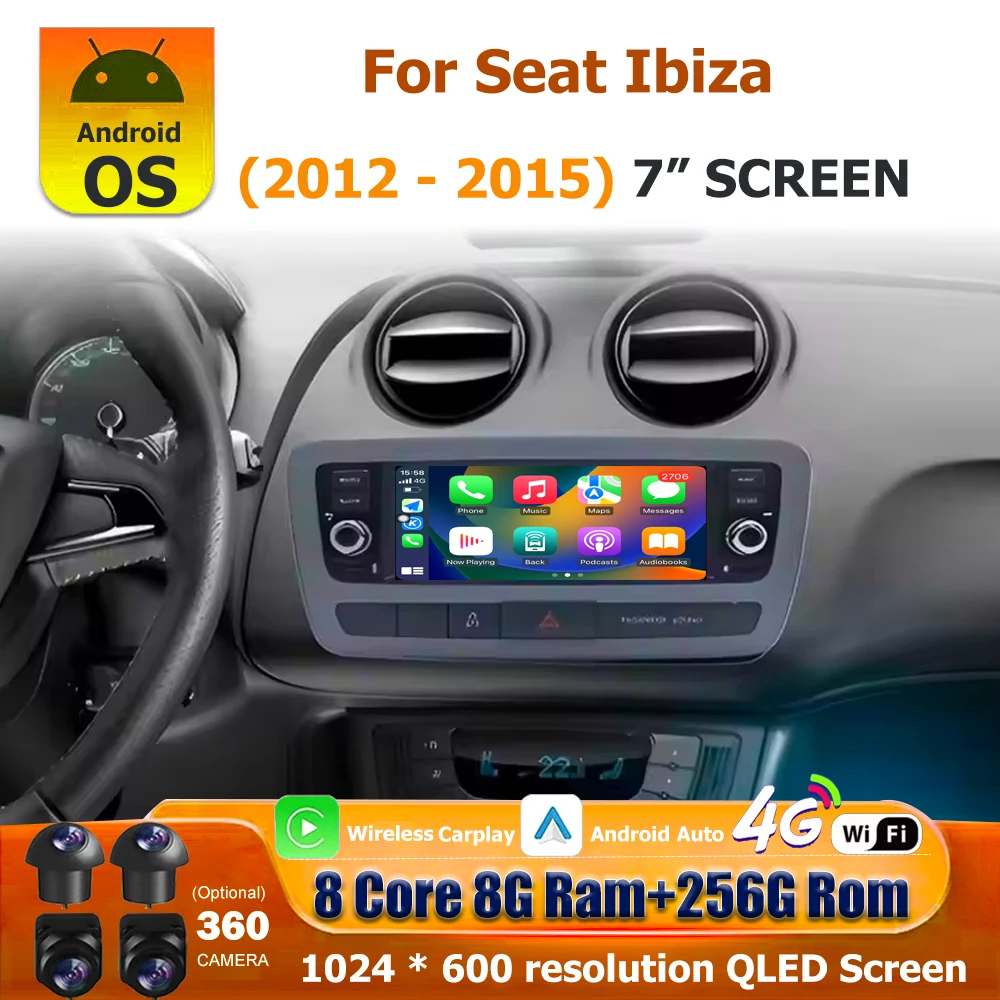 Autoradio Multimedia Videoplayer GPS Navigation Stereo für Seat Ibiza 2012 2013 2014 2015 Android 16 Auto Carplay Bluetooth 7''