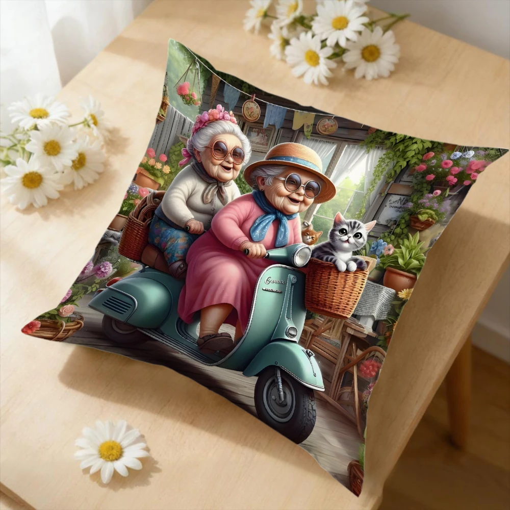 1Pc Vintage Scooter Grandma Cat Cushion Cover Multicolor Floral Garden Print Living Room Sofa Bed Decor Soft Breathable