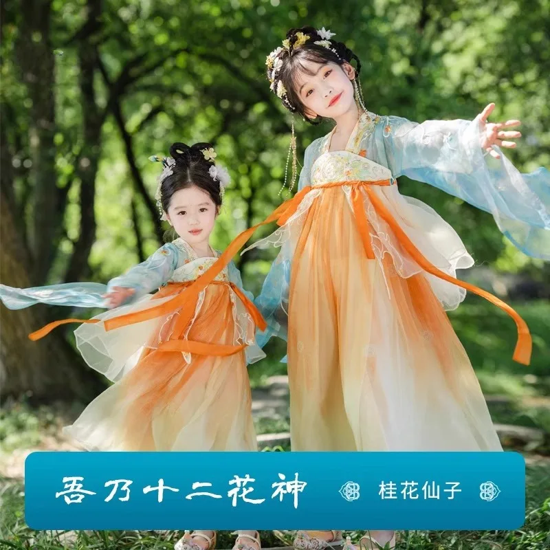 Hanfu Embroidered Gradient Dress Set for Girls, New Spring and Autumn Style, Little Girl's Ancient Style Super Fairy Ruqun, Baby