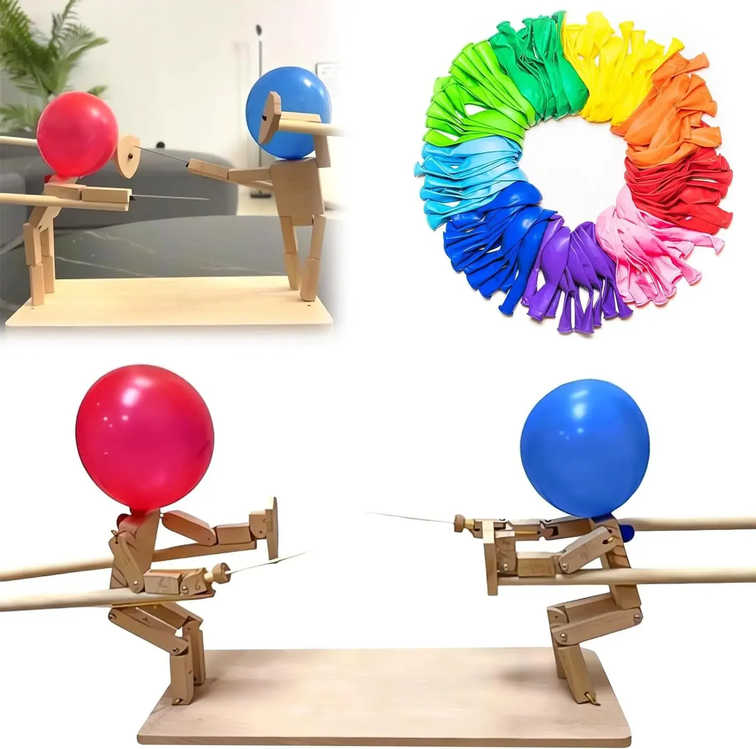 Balloon Bamboo Man Battle Wooden Bots Battle Game Two-Player Fast-Paced Balloon Battle Game with 20 Balloons for Adults