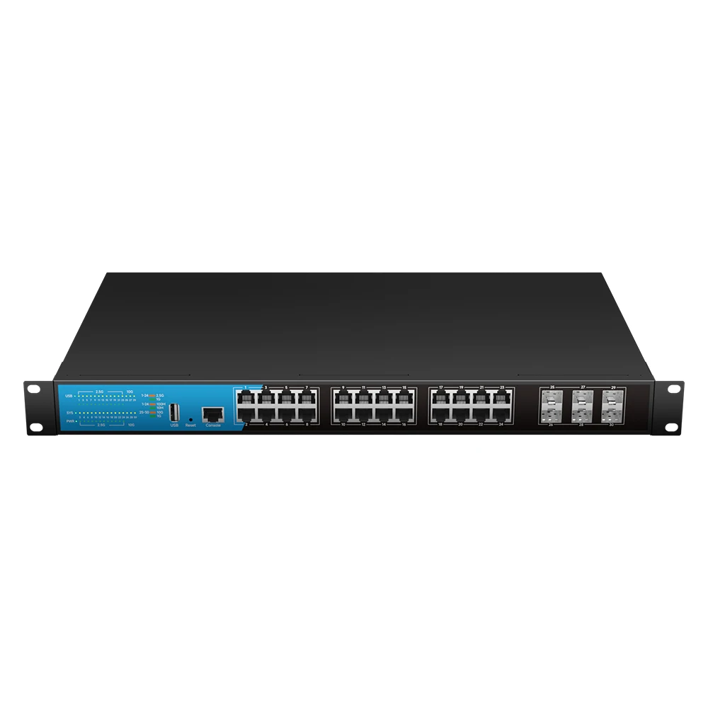 Bullscom 30-Port Multi-Gigabit Layer 3 สวิตช์เครือข่ายที่มีการจัดการ 24x 2.5G RJ45+ 6x 10G SFP+ ติดตั้งบนชั้นวางสําหรับศูนย์ข้อมูลความเร็วสูง