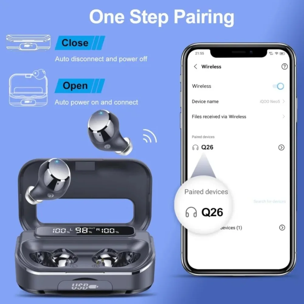 

Q26 TWS In-Ear Earphones Wireless Headphones Bluetooth Earphone 9D Stereo Waterproof Earbuds Type C Headset