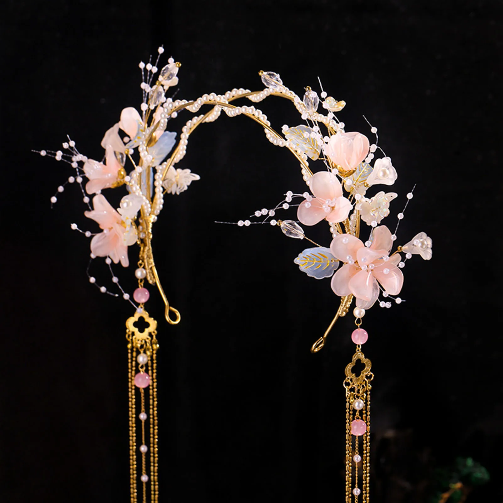 

Розовая повязка для волос с цветочным принтом, китайские аксессуары для волос Hanfu, длинная кисточка, диадемы, повязка на голову, сказочный лоб, украшения для волос, винтажная жемчужная корона