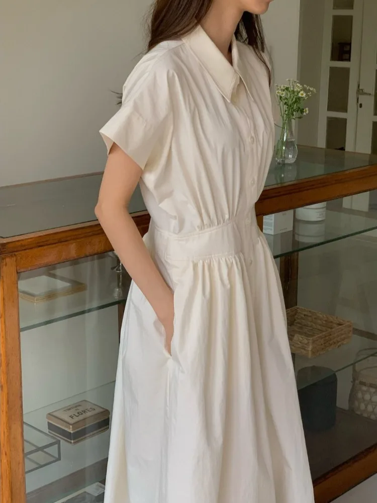 

Simple Collar Fly Sve irt Dr Women's Dongda Gate 2025 Summer Vintage Single Button Pure Color Commute Sle Dr
