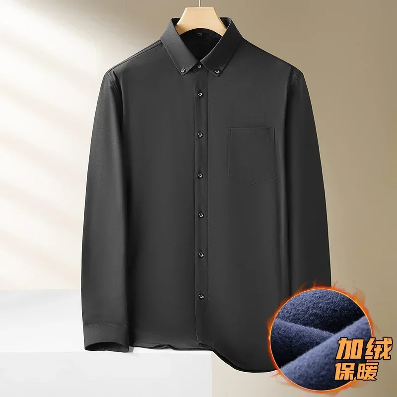 Large Size Men's Plus Velvet Shirts 10XL Winter Business Casual All-match Long-sleeved Shirts Oversized Solid Color Black Tops