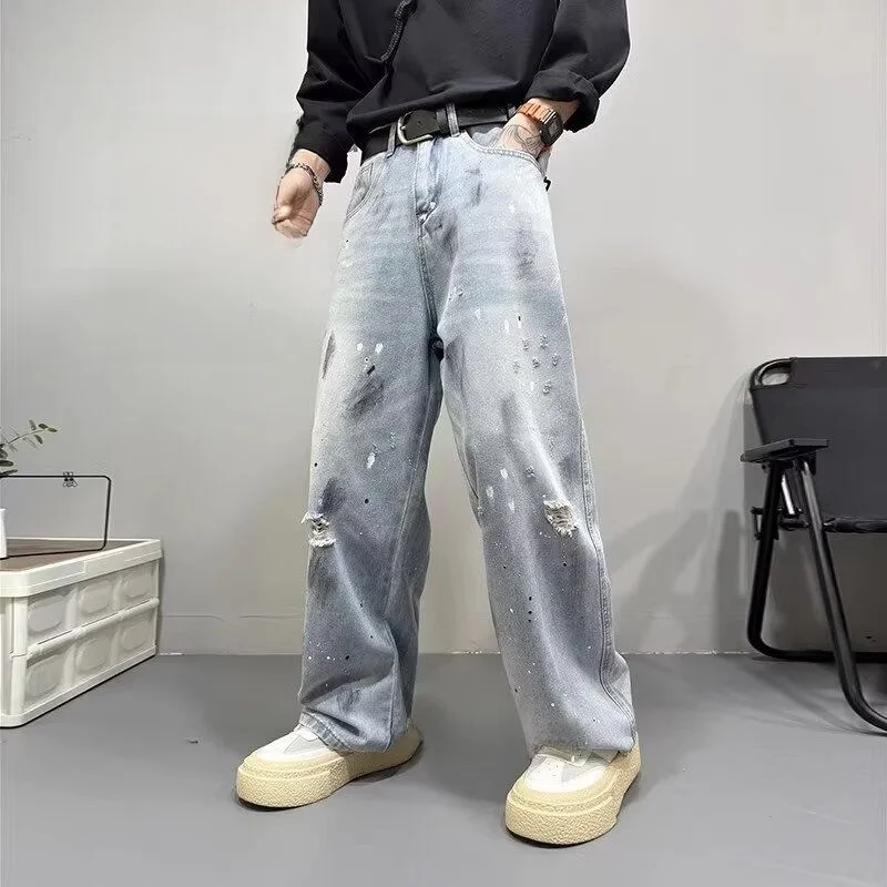 

Waed Ice Blue Men's Denim Jeans American Sle Cleanfit Loose A-Line Wide Leg Vibe Long Trousers mid Waist Zipper Polyester...