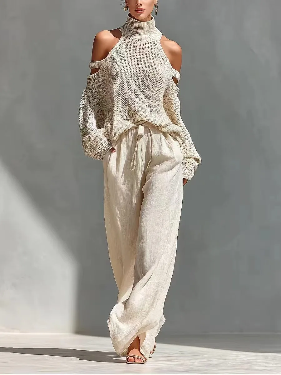 

Women's Casual Two-piece Suit Elegant High Neck Knitted Hollowed Out Off Shoulder Top and Wide Leg Pants Streetwear Holiday