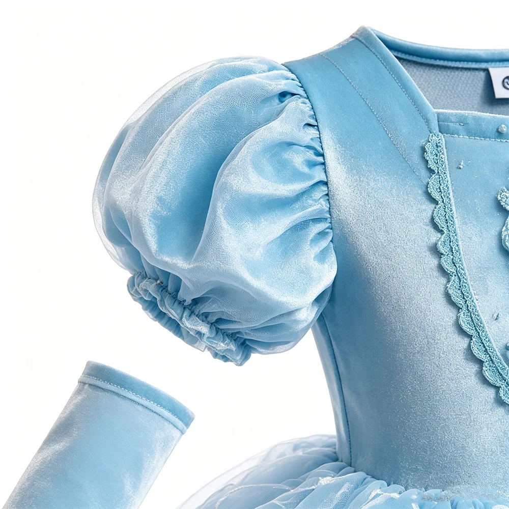 Cinderella Blaues Kurzarm-Kleid Komplettset mit Langen Handschuh-Ärmeln für Mädchen Geburtstag Ball Halloween Cosplay Kostüm – Detail 5