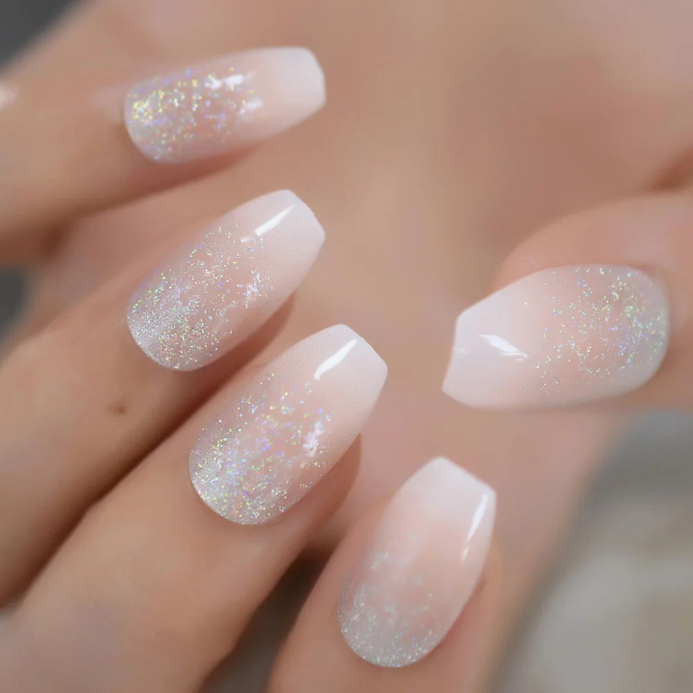 Holographic Silver Glitter Acrylic Nails Ombre French Fake Nails Coffin Shape Nude Nail Art Tips Pre-designed image 2
