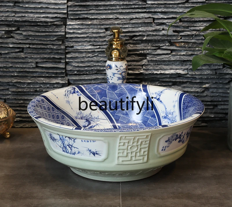 Retro art stage basin ceramic face wash blue and white round basin