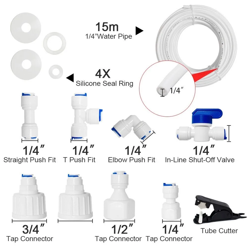 White 15M Plastic Water Line Kit with Push Connect Fittings for Refrigerator For Fridge RO Filter Ice Maker Dispenser