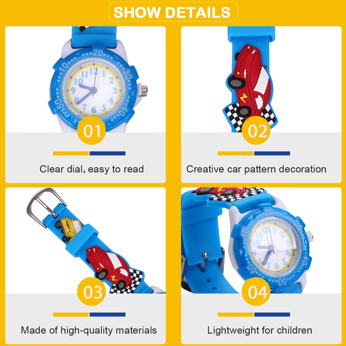 Cartoon 3D Waterproof Watch Blue Car Pattern Wristwatch Durable Comfortable Gift for 3D Watch