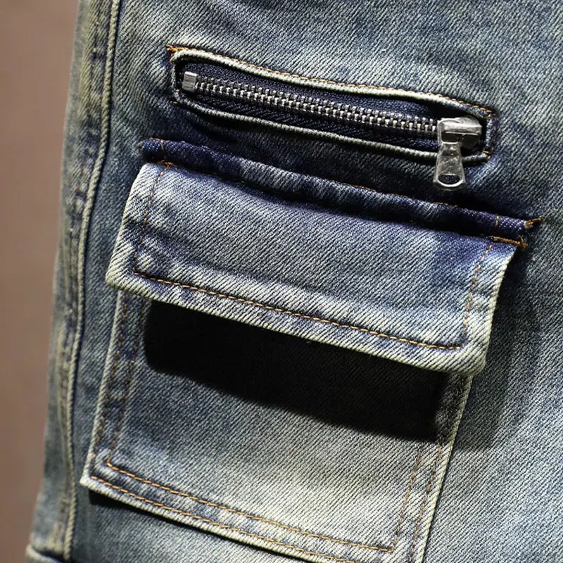 Y2K Italian autumn fashion men's jeans washed with retro pockets decorated with retro elastic slim fit retro light blue jeans It